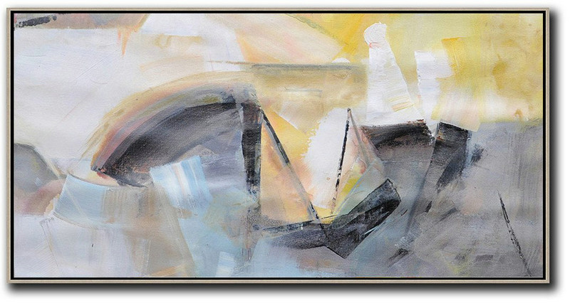 Large Abstract Art,Horizontal Palette Knife Contemporary Art Panoramic Canvas Painting,Textured Painting Canvas Art,White,Yellow,Grey,Black.etc